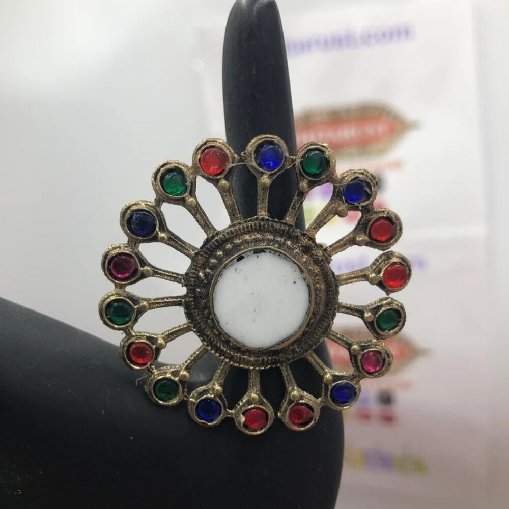 Afghan Ring: Multicolor Glass Stone Kuchi Tribal Jewelry